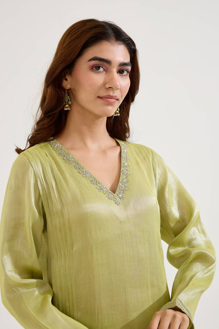Lime Dori Tissue Kurta with Wide Leg Pants and Dupatta - Set of 3