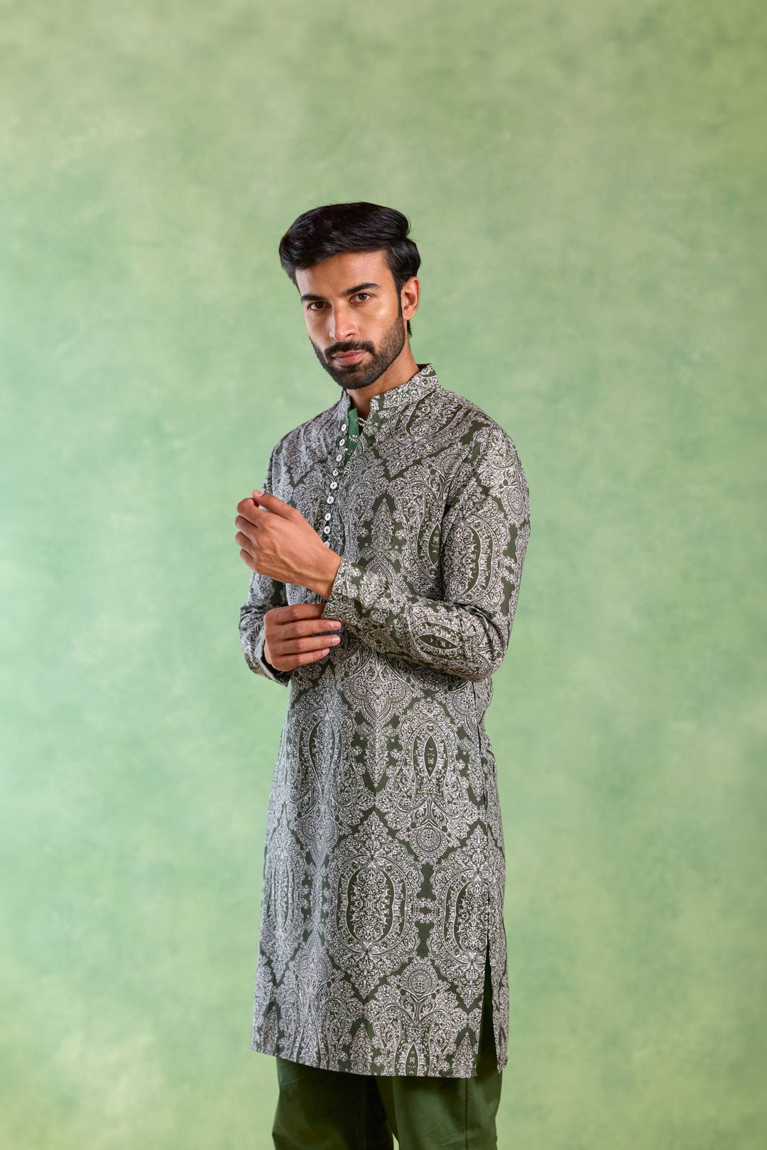 Olive Jaal Loopi Kurta with Narrow Pants