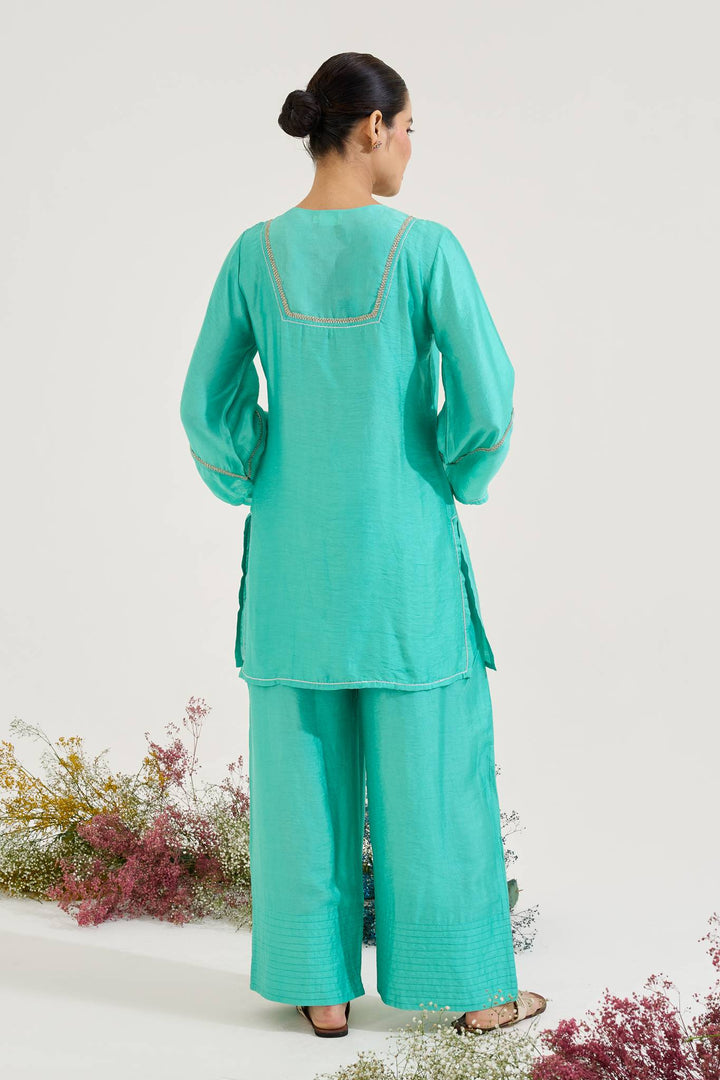 Aqua Green Zari Kurta with Farsi Salwar and Dupatta - Set of 3