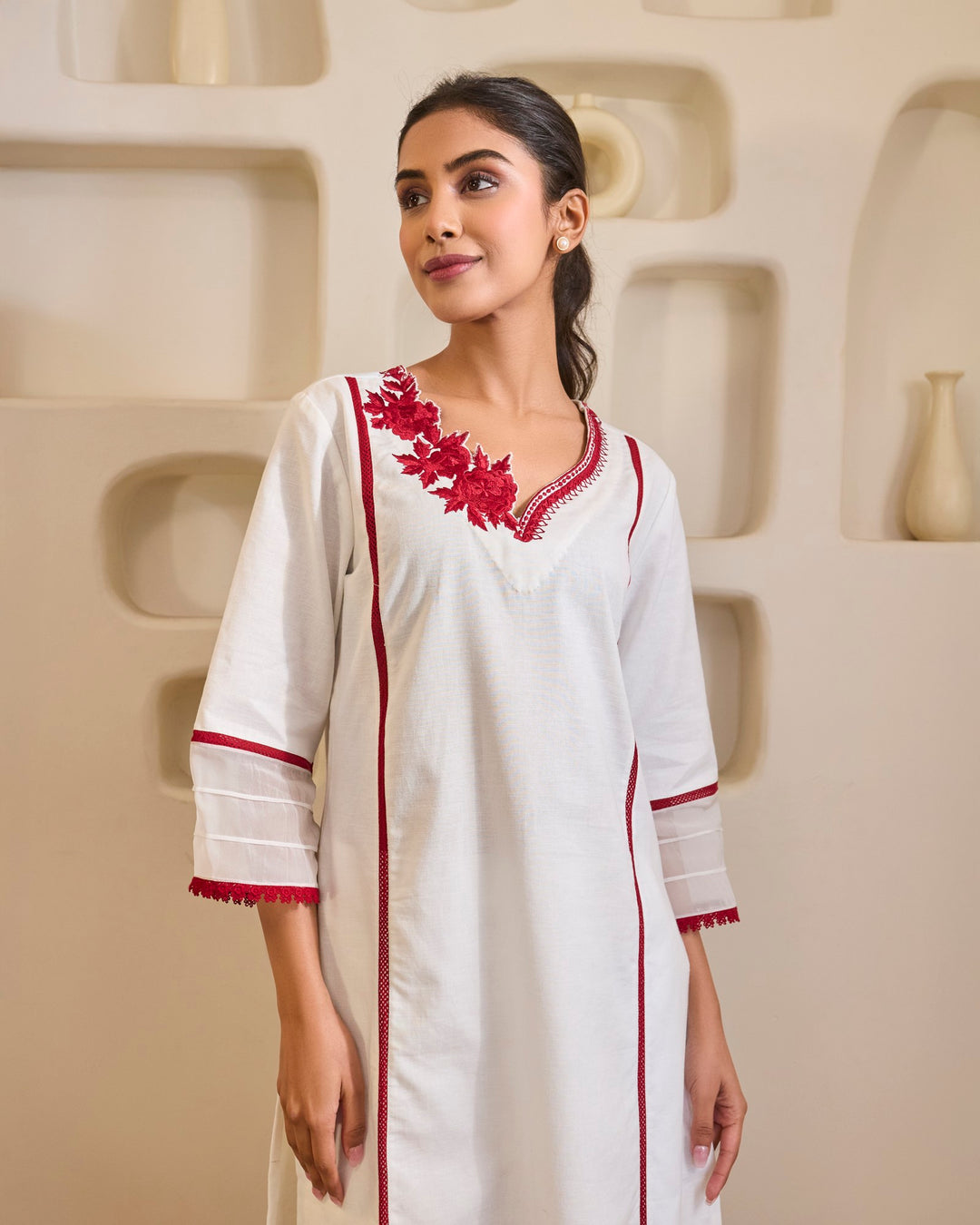 Red Rose Embroidered Khaadi Kurta with Narrow Pants - Set of 2