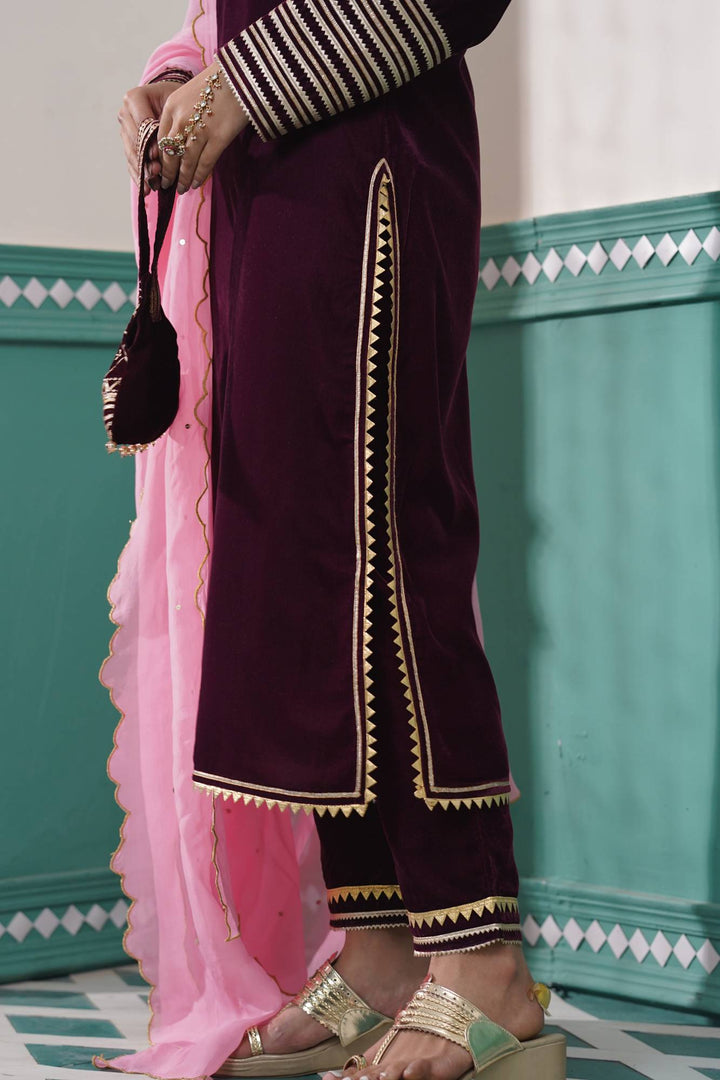 Wine Velvet Kurta Set