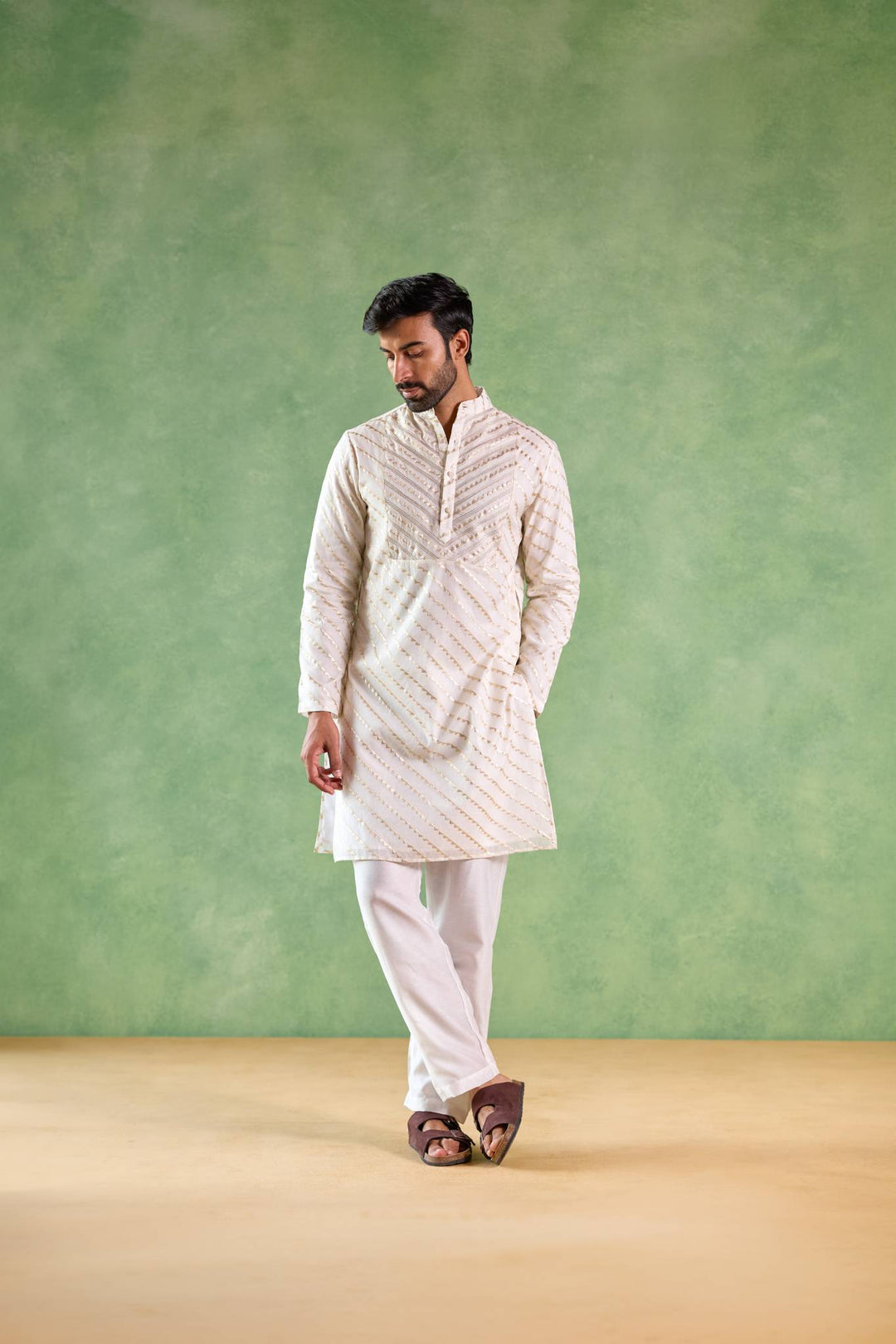 Ivory Gold Chevron Brocade Embroidered Kurta with Narrow Pants