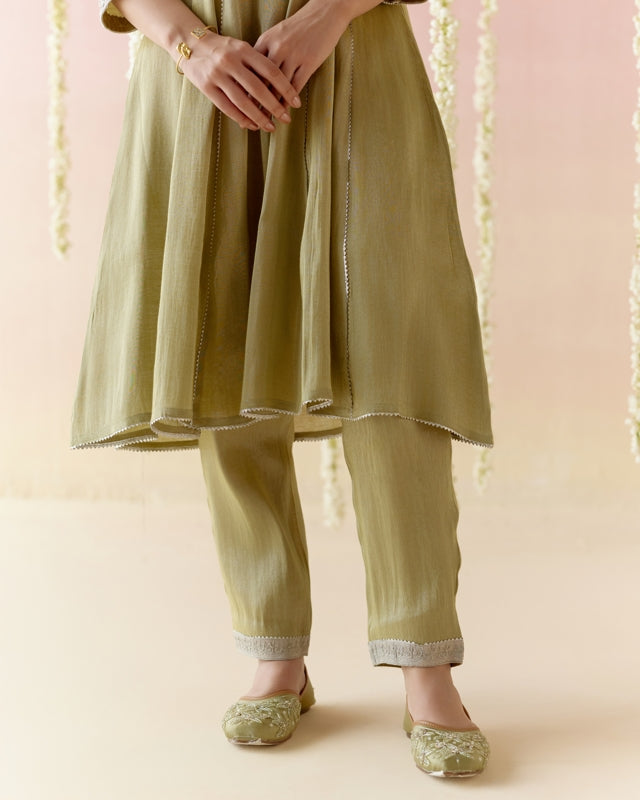 Moss Pearl Tissue Anarkali with  narrow Pants & Dupatta - Set of 3