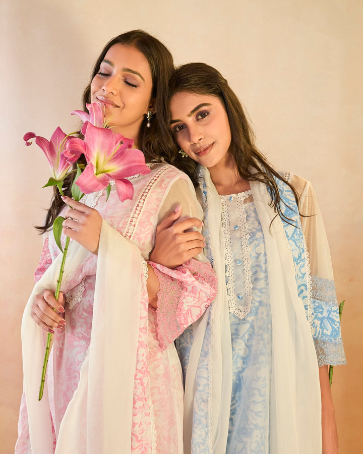 Blush Floral Embroidered Kurta with Narrow Pants - Set of 2