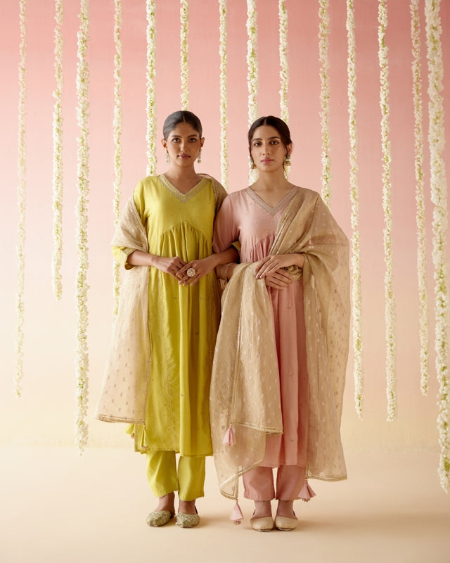 Petunia Peach Chanderi Kurta with Narrow Pants & Dupatta - Set of 3