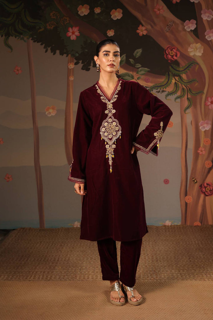 Wine Dori Embroidered Kurta with Narrow Pants and Dupatta - Set of 3