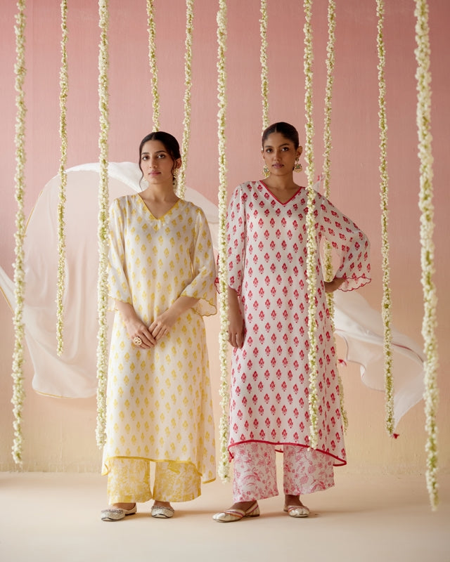 Freesia Yellow A-Line Long Kurta with Wide Leg Pants- Set of 2