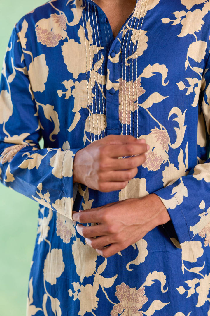 Blue Bloom Floral Jaal Kurta with Narrow Pants