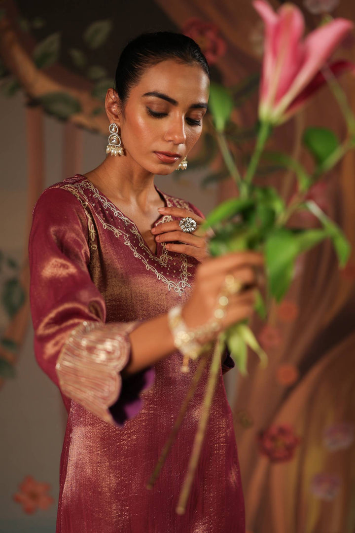 Purple Scallop Gota Tissue Kurta with Sharara and Dupatta - Set of 3