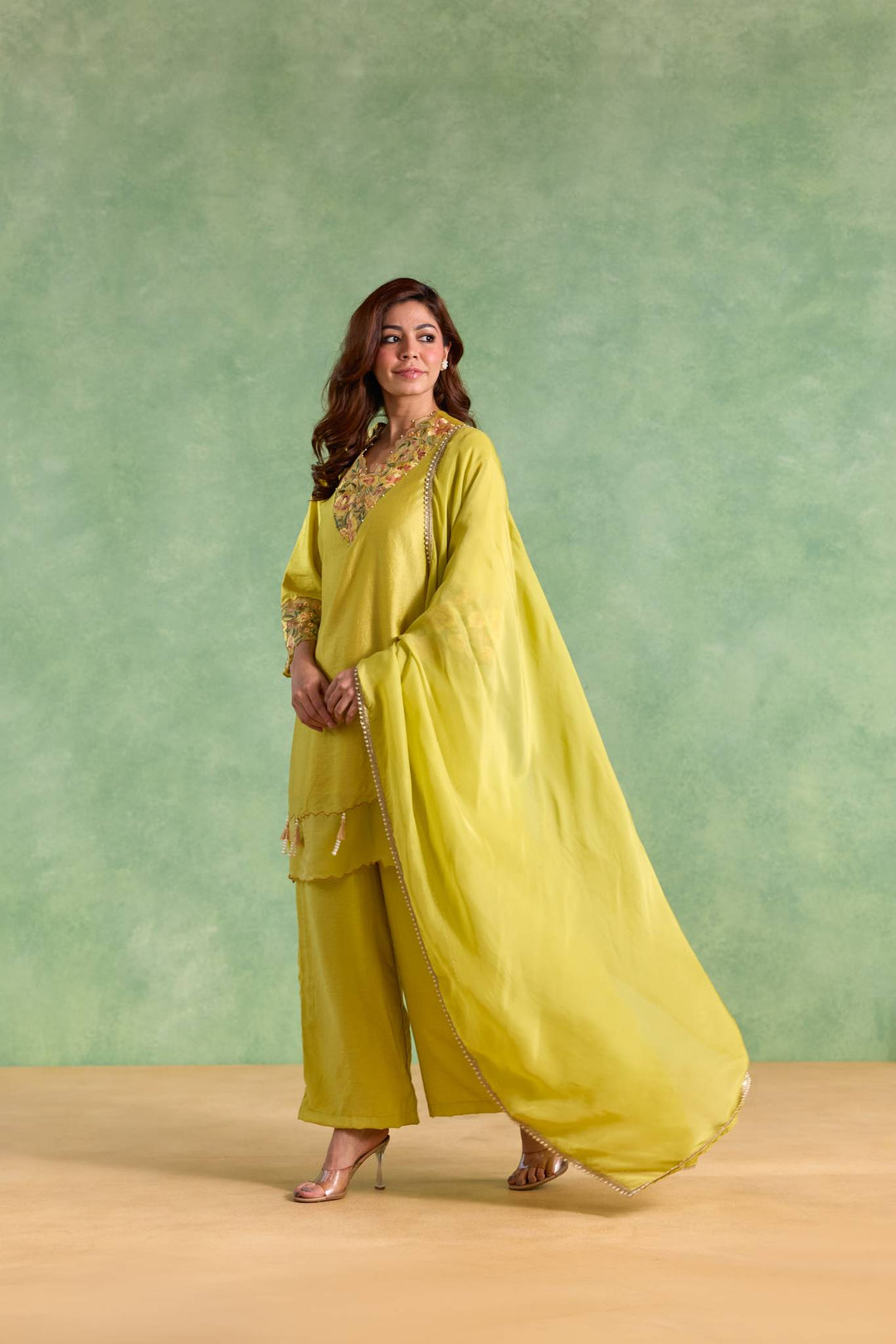 Lime Rose Embroidered Chanderi Kurta with Flared Pants and Dupatta - Set of 3