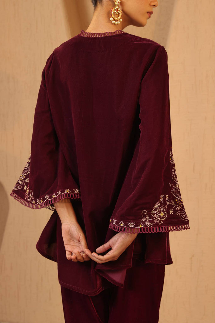 Wine Zari Charm Velvet Tunic with Narrow Pants - Set of 2
