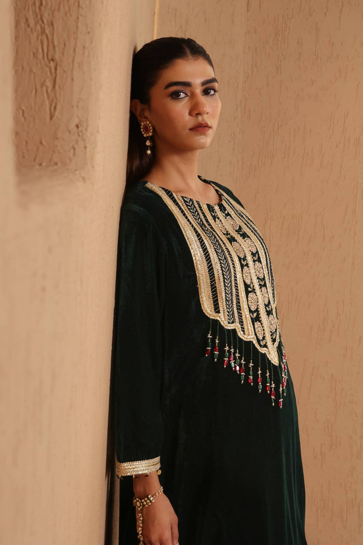 Emerald Petal Beaded Velvet Tunic with Narrow Pants - Set of 2