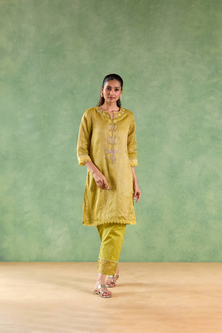 Moss Yellow Applique Kurta with Narrow Pants and Dupatta - Set of 3
