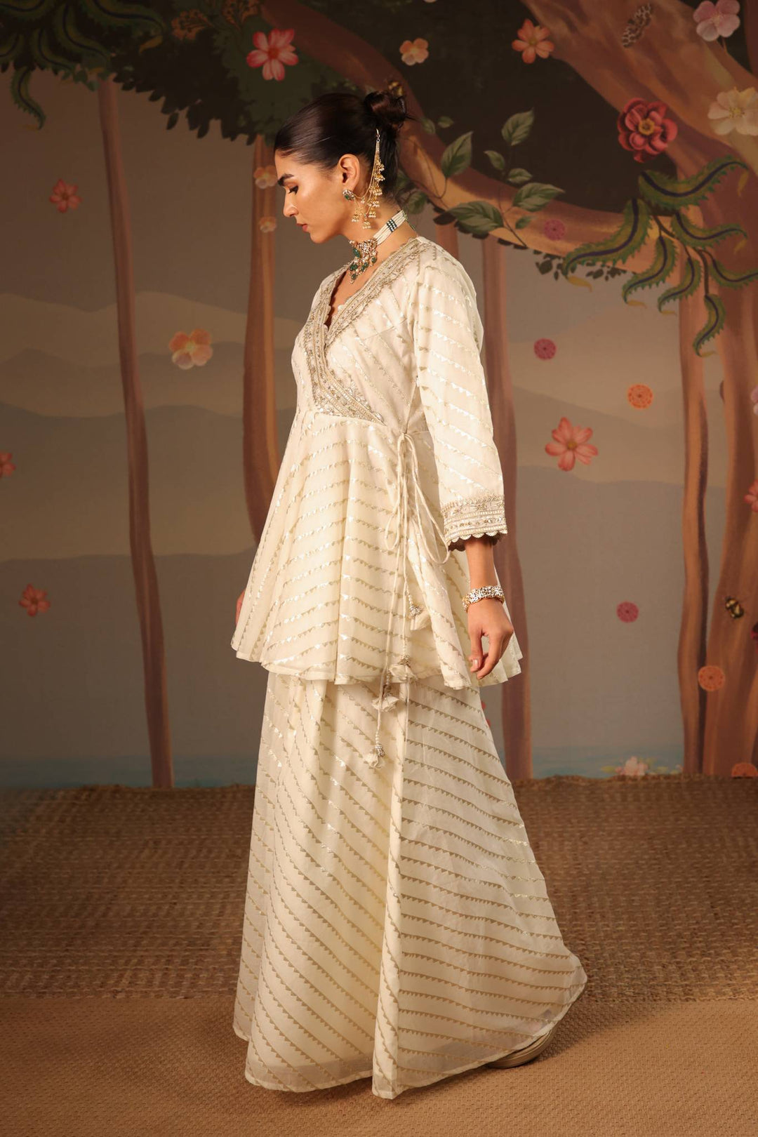 Ivory Gold Embroidered Angrakha with Sharara and Dupatta - Set of 3