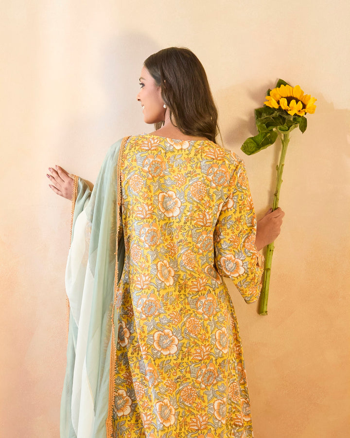 Sunflower Chintz Cutwork Kurta with Wide Leg Pants - Set of 2