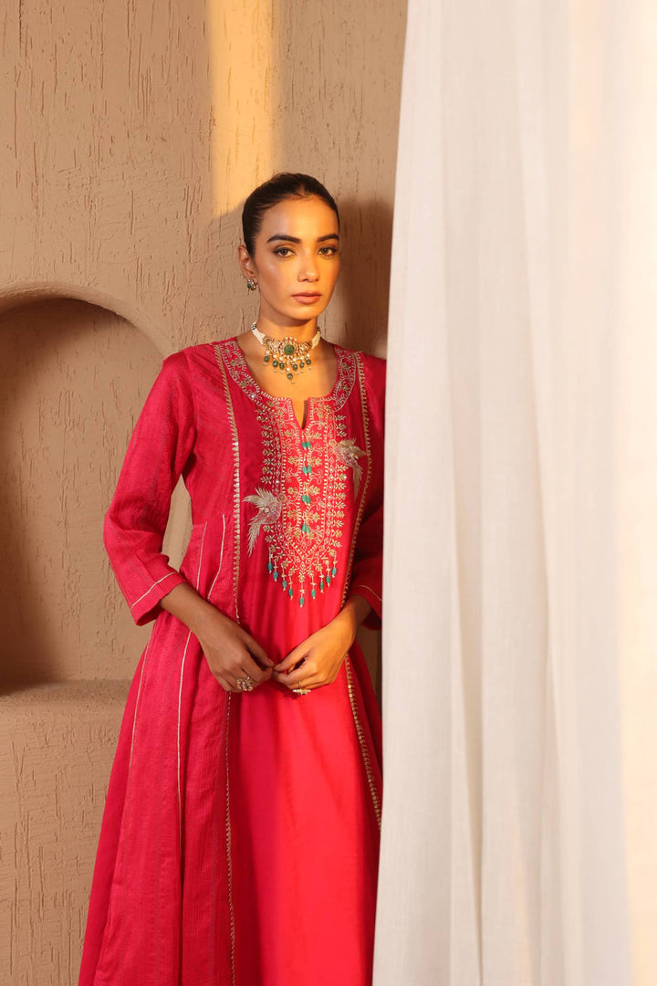 Rosy Fuchsia Anarkali with Flared Pants and Dupatta - Set of 3