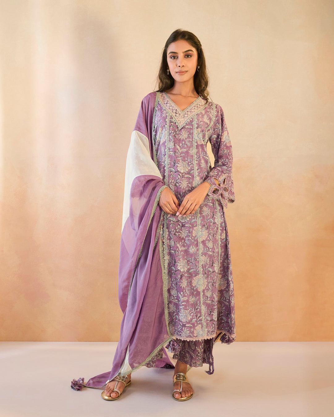 Mauve Chintz Cutwork Kurta with Wide Leg Pants - Set of 2