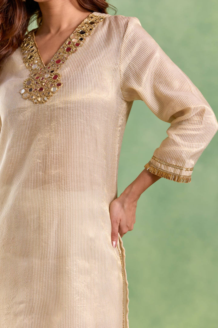 Gold Mirror Embroidered Chanderi Stripe Kurta Set with Floral Chintz Dupatta - Set of 3