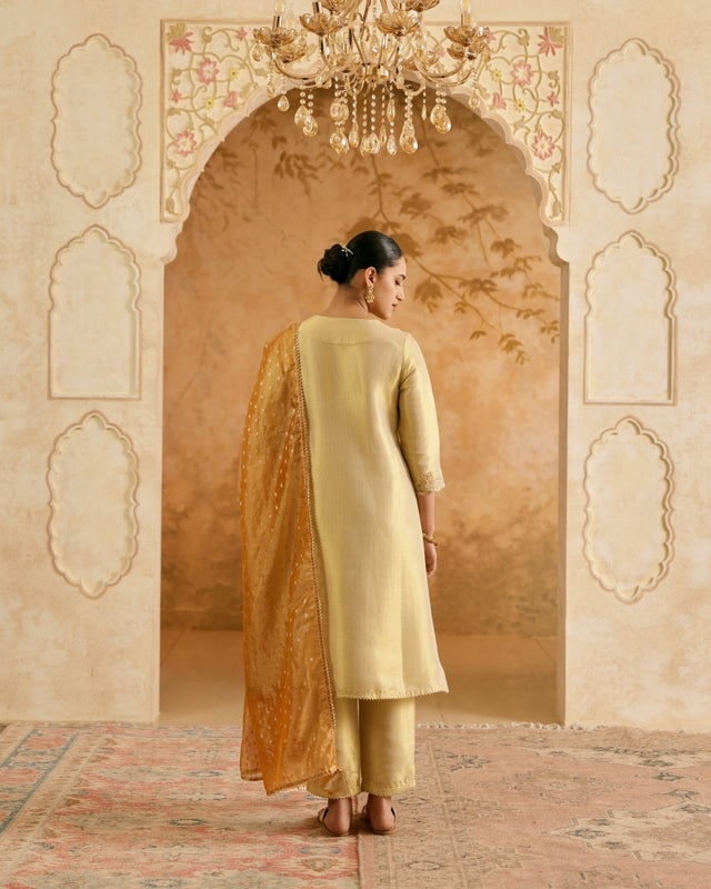 Gold Zari Tissue Angrakha with Narrow Pants and Dupatta - Set of 3