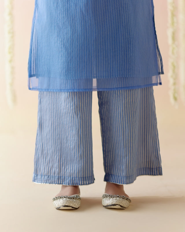 Sapphire Blue Kurta with Stripes Tissue Slip and Flared Pants - Set