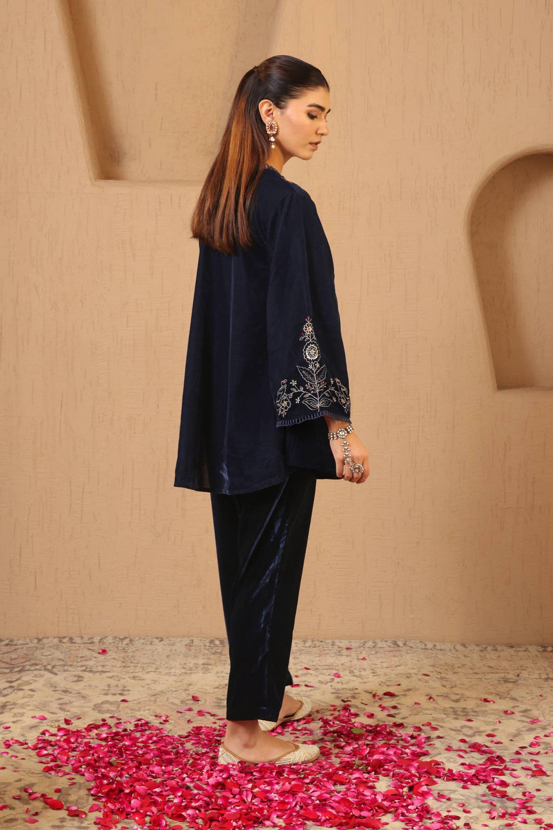 Navy Zari Charm Velvet Tunic with Narrow Pants