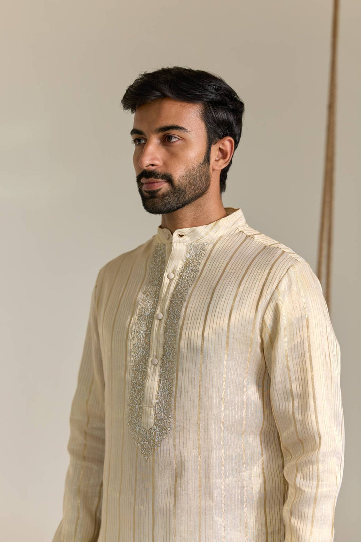 Golden Floral Stripe Embroidered Kurta