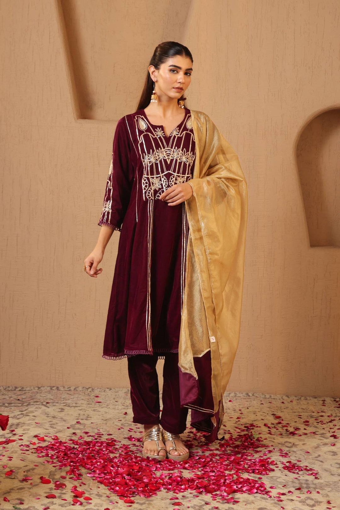 Wine Gota Velvet Anarkali with Narrow Pants and Scallop Dupatta - Set of 3