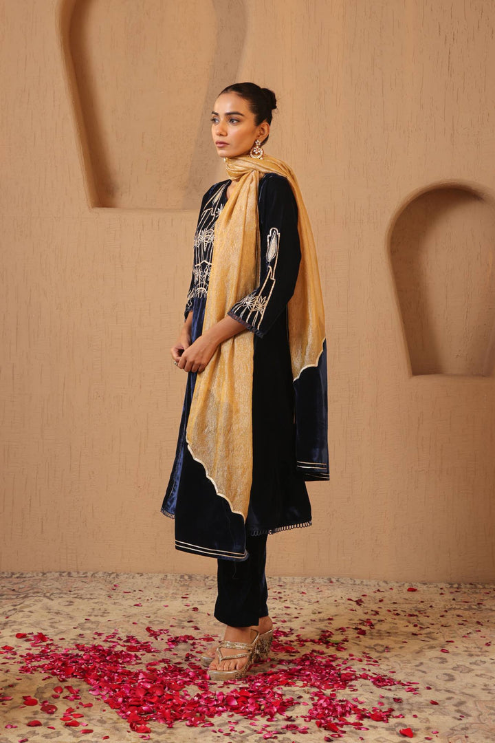 Navy Gota Velvet Anarkali with Narrow Pants and Scallop Dupatta - Set of 3