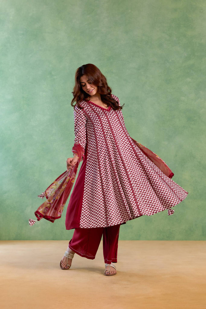 Maroon Beaded Chevron Anarkali with Flared Pants and Dupatta - Set of 3