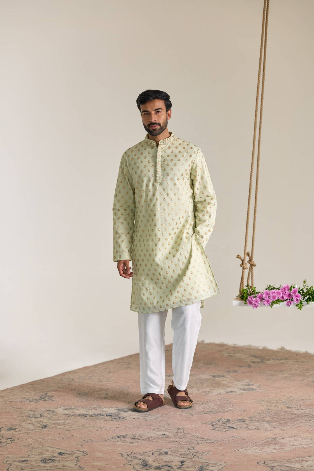 Mint Buta Brocade Embroidered Kurta with Narrow Pants
