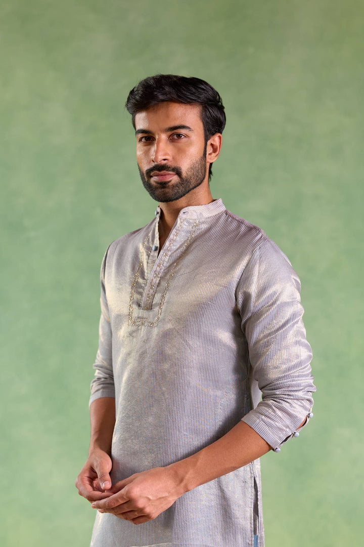 Blue Gold Stripe Embroidered Kurta