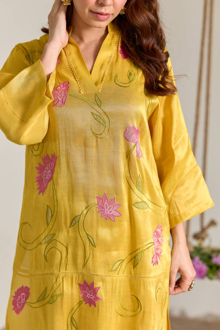 Fuschia Yellow Applique Embroidered Tissue Kurta Set with Panel Dupatta - Set of 3