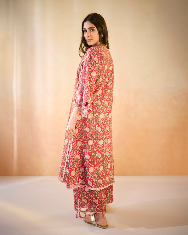 Rosy Chintz Cutwork Kurta with Wide Leg Pants - Set of 2