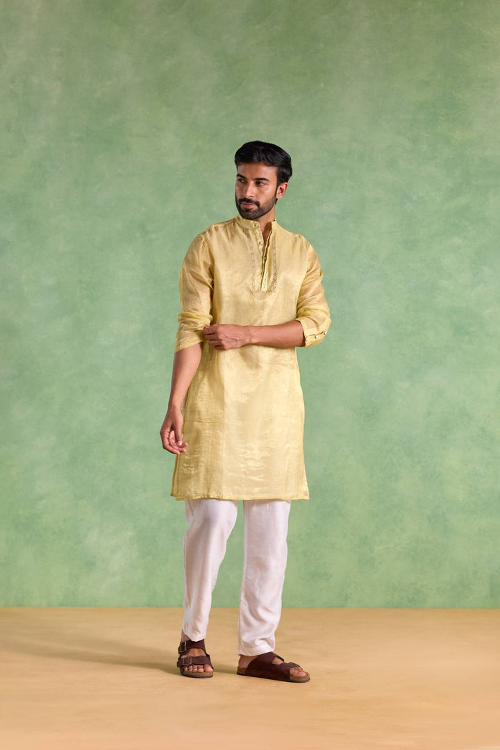 Yellow Gold Stripe Embroidered Kurta with Narrow Pants