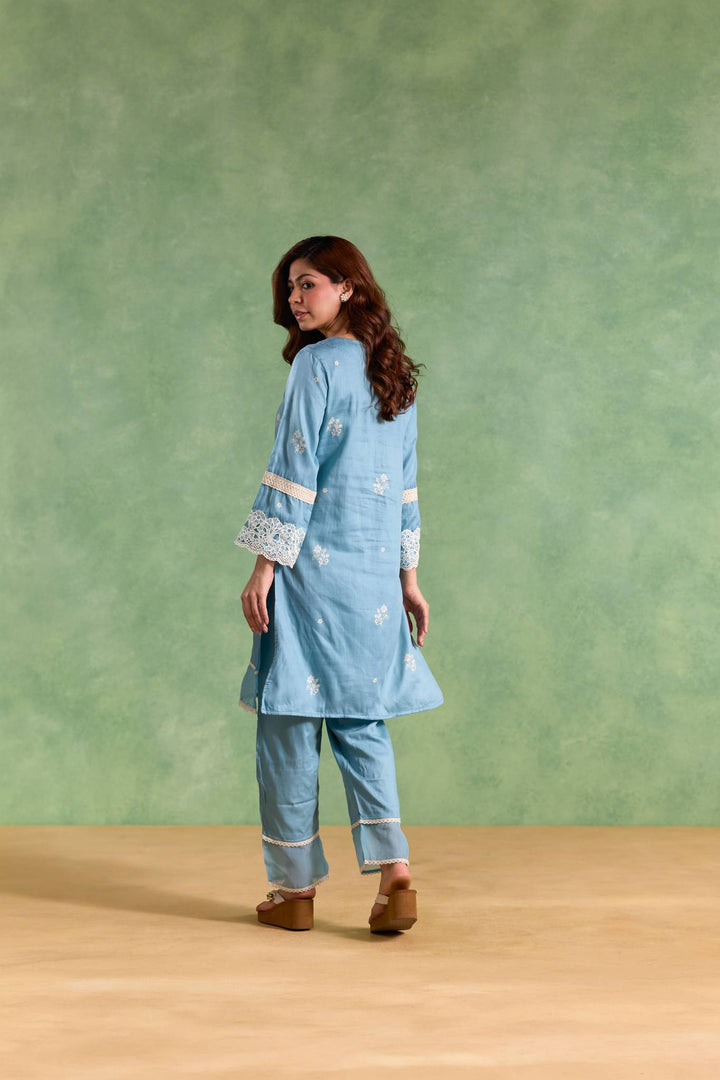 Blue Lotus Kurta with Narrow Pants and Dupatta - Set of 3