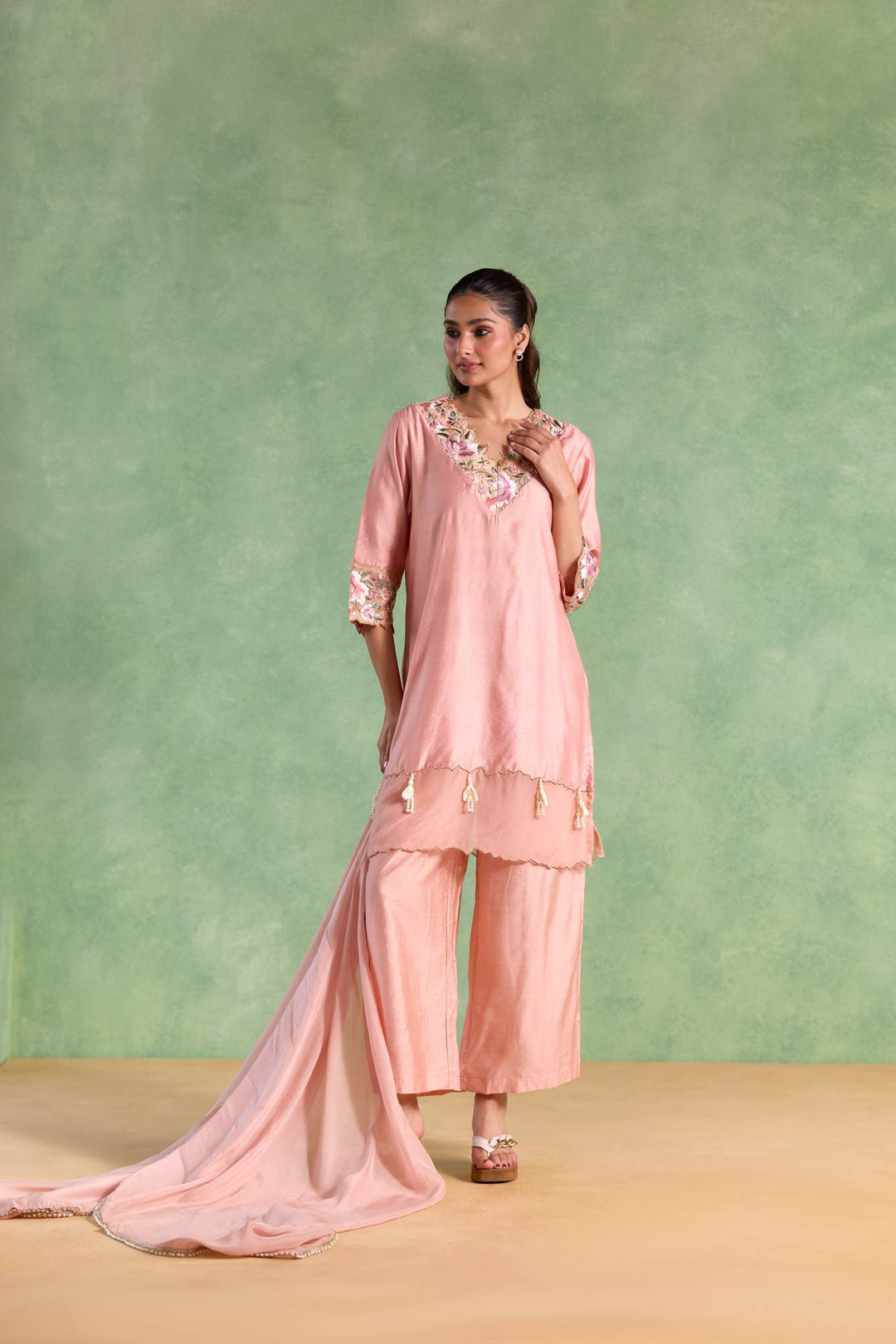 Soft Rose Embroidered Chanderi Kurta with Flared Pants and Dupatta - Set of 3