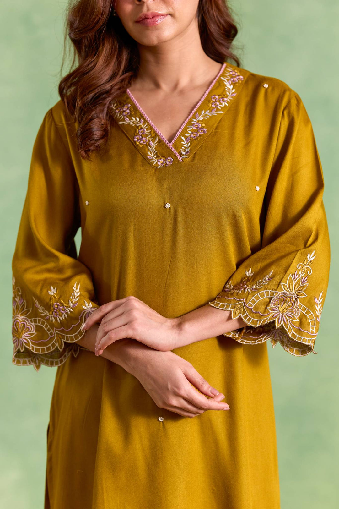 Olive Gold Scallop Kurta with Flared Pants and Dupatta - Set of 3