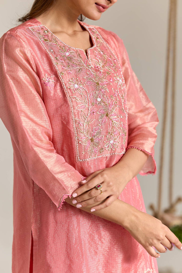 Blossom Pink Dori Embroidered Kota Kurta Tissue Set - Set of 2
