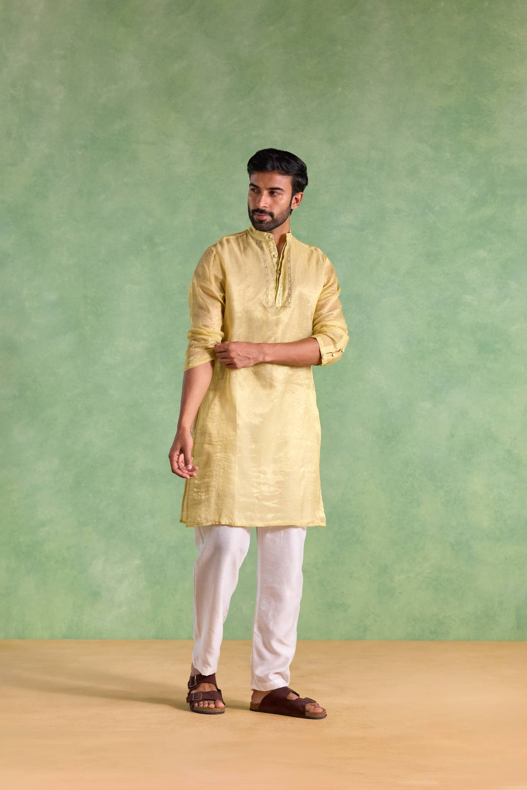 Yellow Gold Stripe Embroidered Kurta