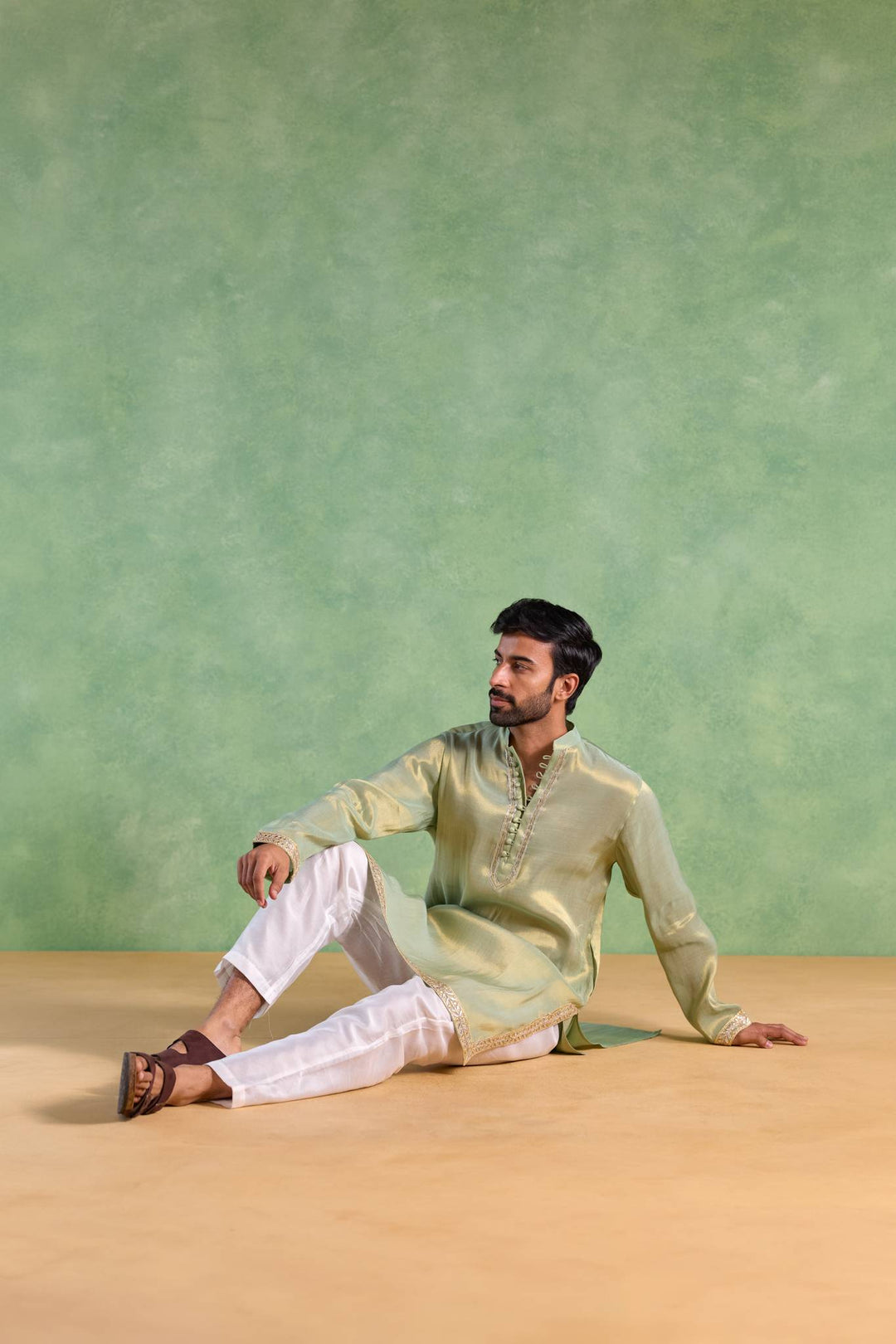 Mint Gold Gota Tissue Kurta with Narrow Pants