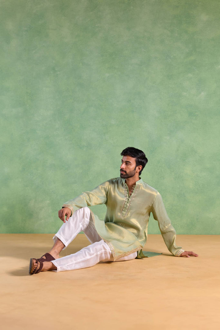 Mint Gold Gota Tissue Kurta with Narrow Pants