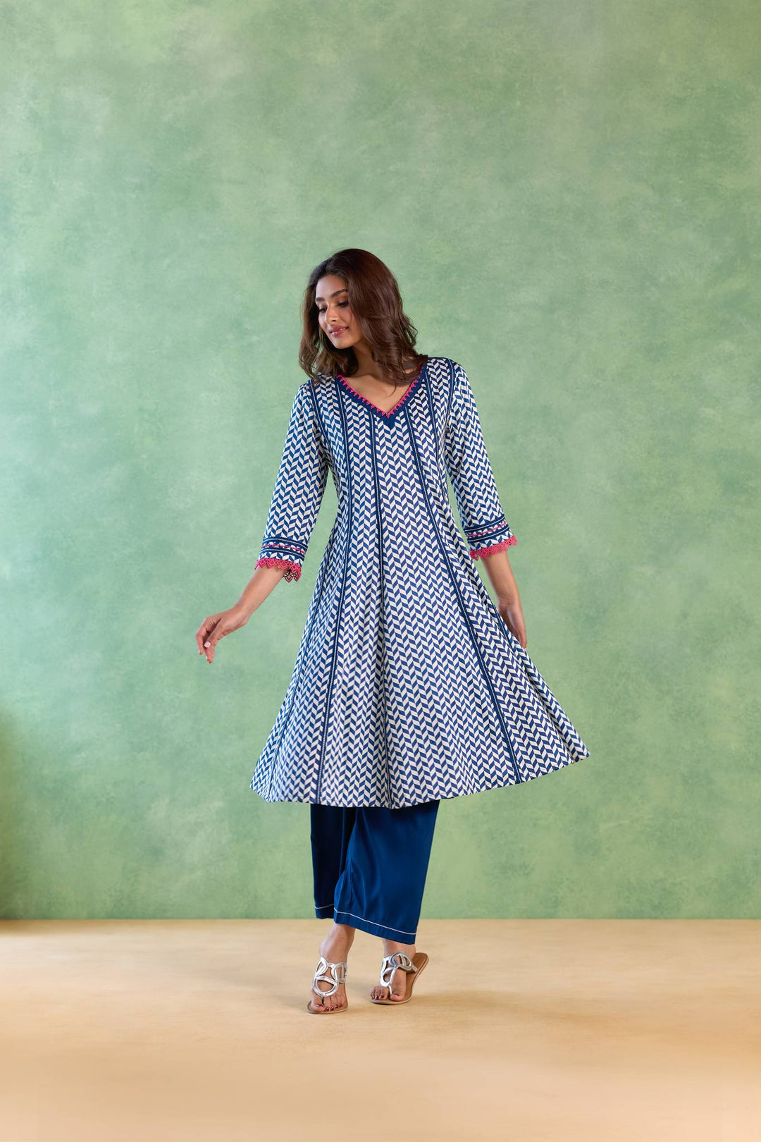 Navy Beaded Chevron Anarkali with Flared Pants and Dupatta - Set of 3