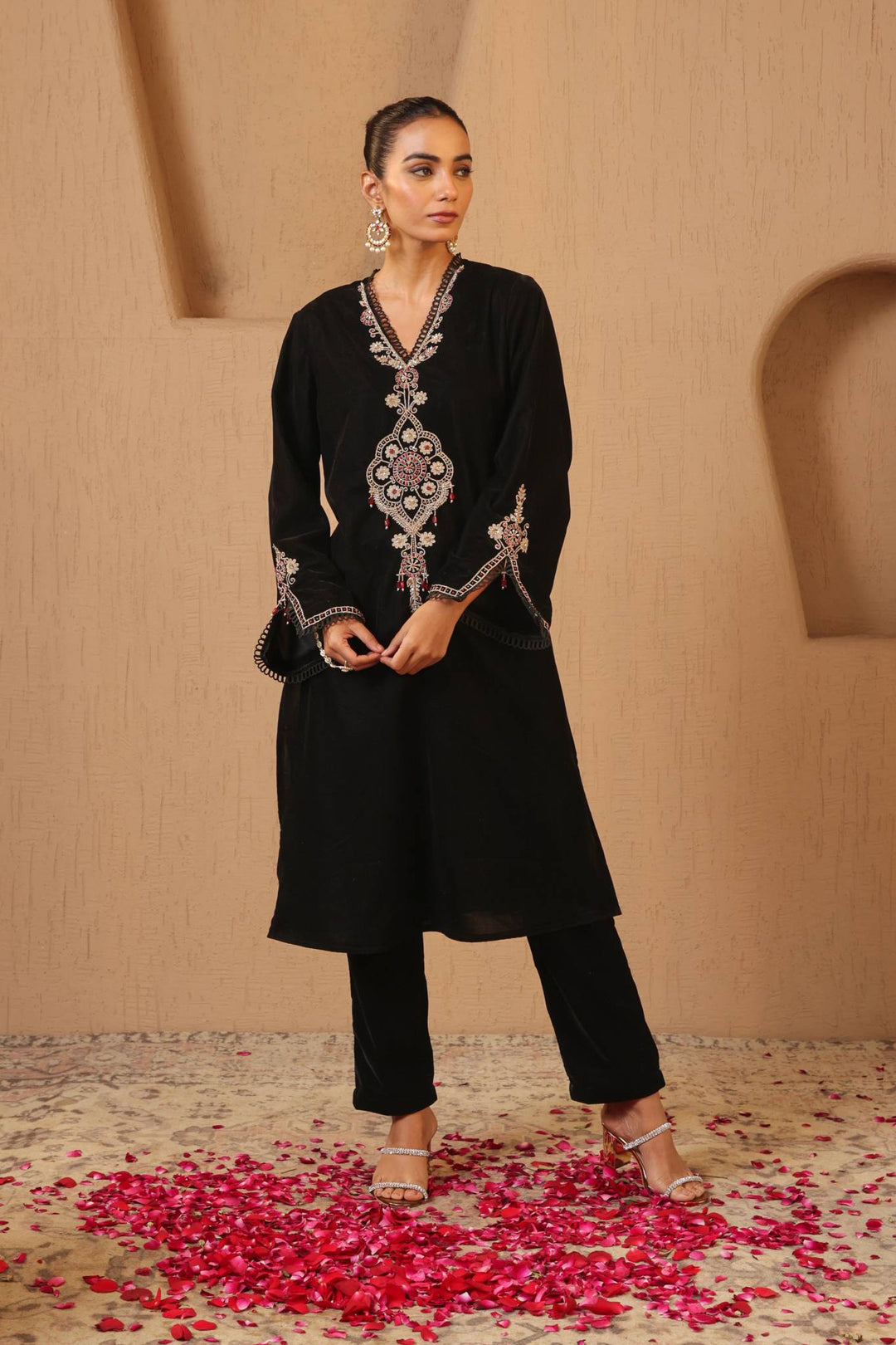 Black Dori Embroidered Kurta with Narrow Pants - Set of 2
