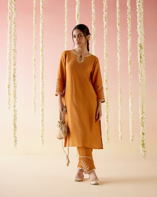 Orange Lily Dori Embroidered Kurta with Narrow Pants & Dupatta - Set of 3