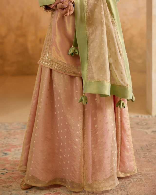 Blush Mint Zari Tissue Kurta with Sharara and Dupatta - Set of 3