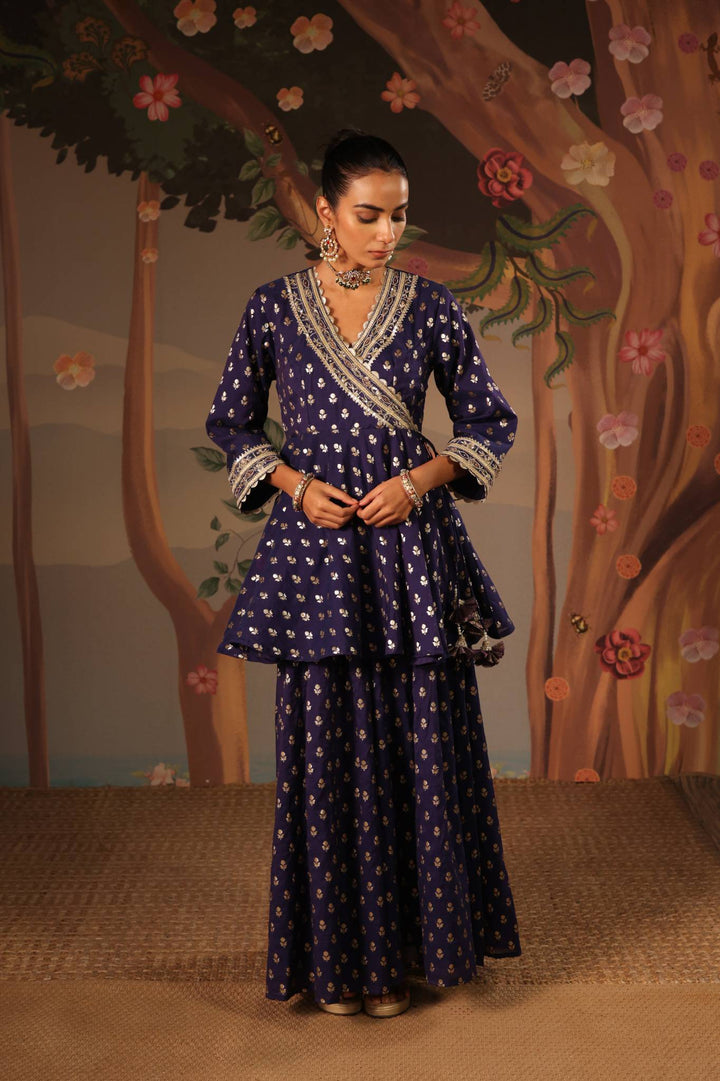 Blue Rose Embroidered Angrakha with Sharara and Dupatta - Set of 3