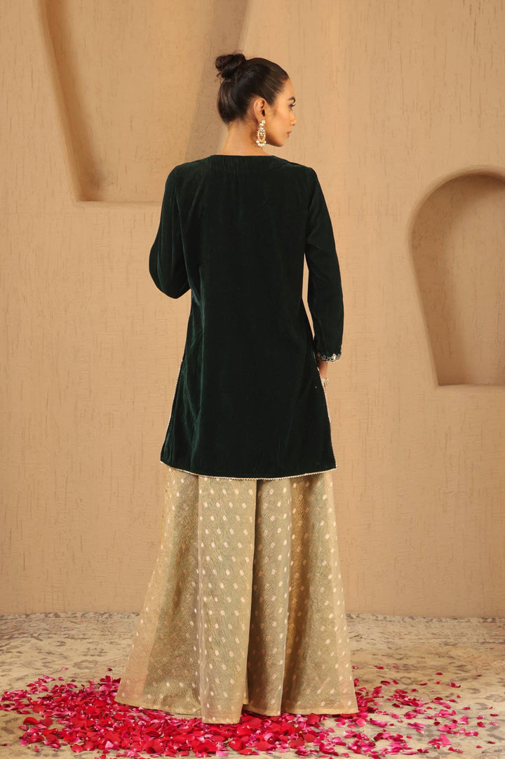 Emerald Floral Zari Velvet Kurta with Sharara and Dupatta - Set of 3