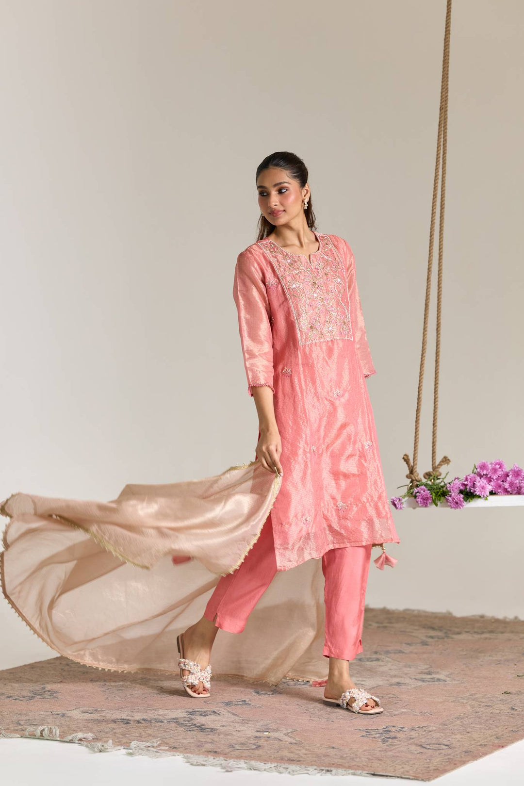 Blossom Pink Dori Embroidered Kota Tissue Kurta Set with Dupatta - Set of 3