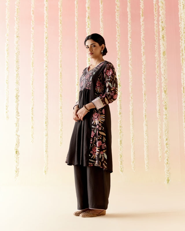 Black Tulip Embroidered Kurta with Wide Leg Pants & Dupatta - Set of 3