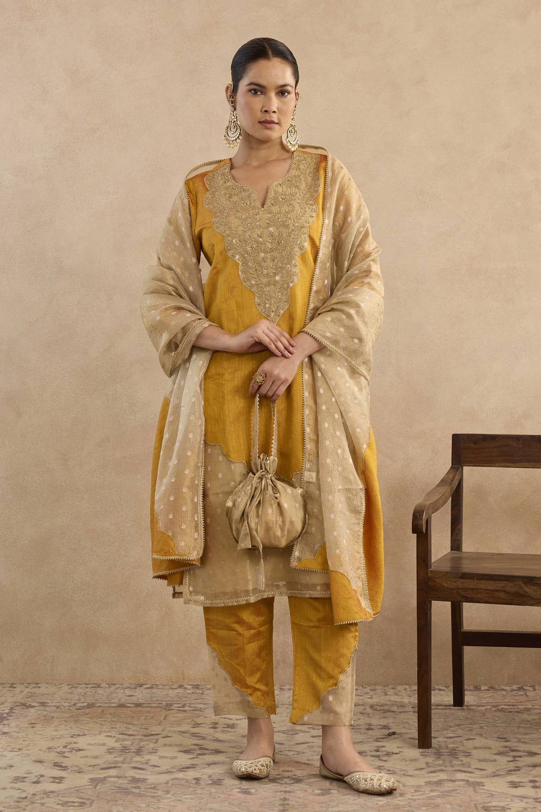 Mustard Dori Yoke Kurta with Narrow Pants and Embroidered Dupatta - Set of 3